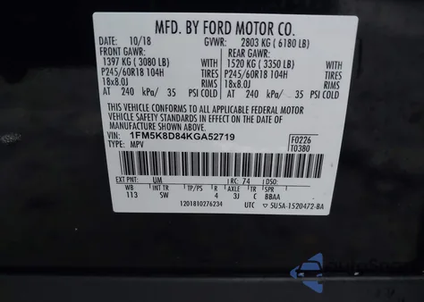 2019 Ford Explorer Xlt z USA, uszkodzony, nr VIN 1FM5K8D84KGA52719